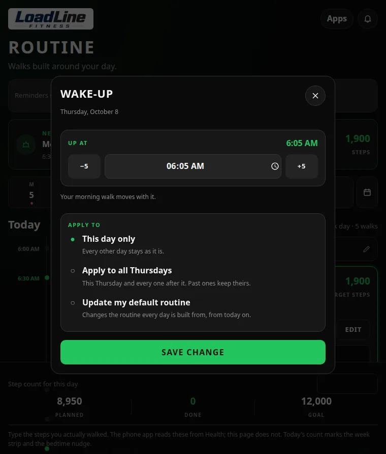 Editing the Wake-up block, with the Apply to choices