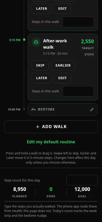 Bottom of the Routine screen on a phone