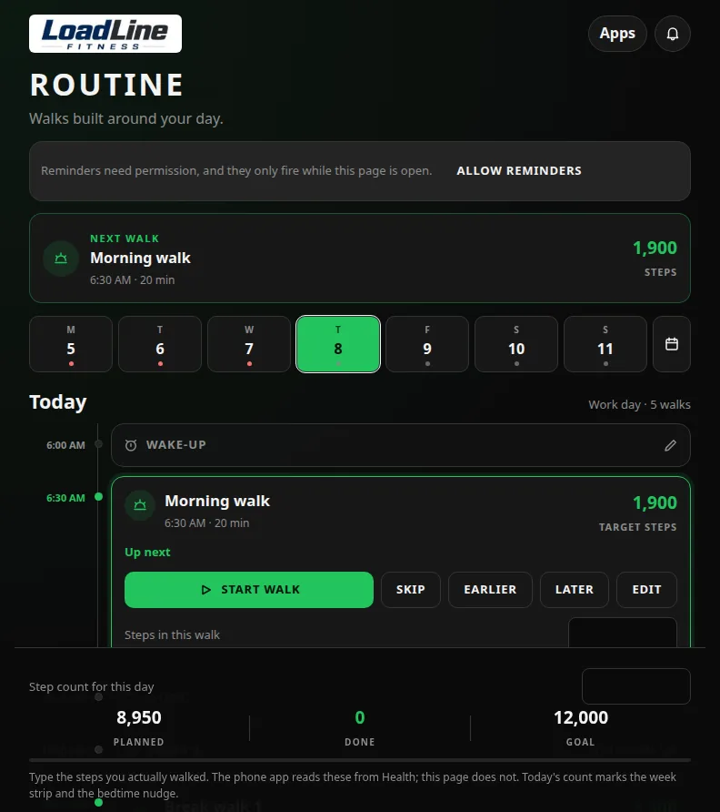 The Routine screen on a computer