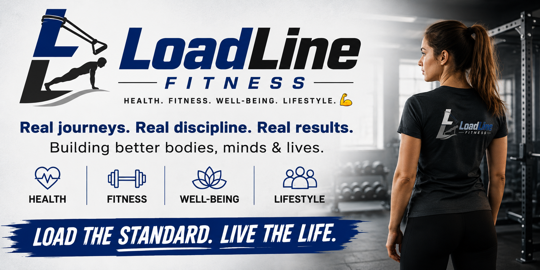 LoadLine Fitness banner featuring the brand logo, fitness messaging, and a woman in a gym
