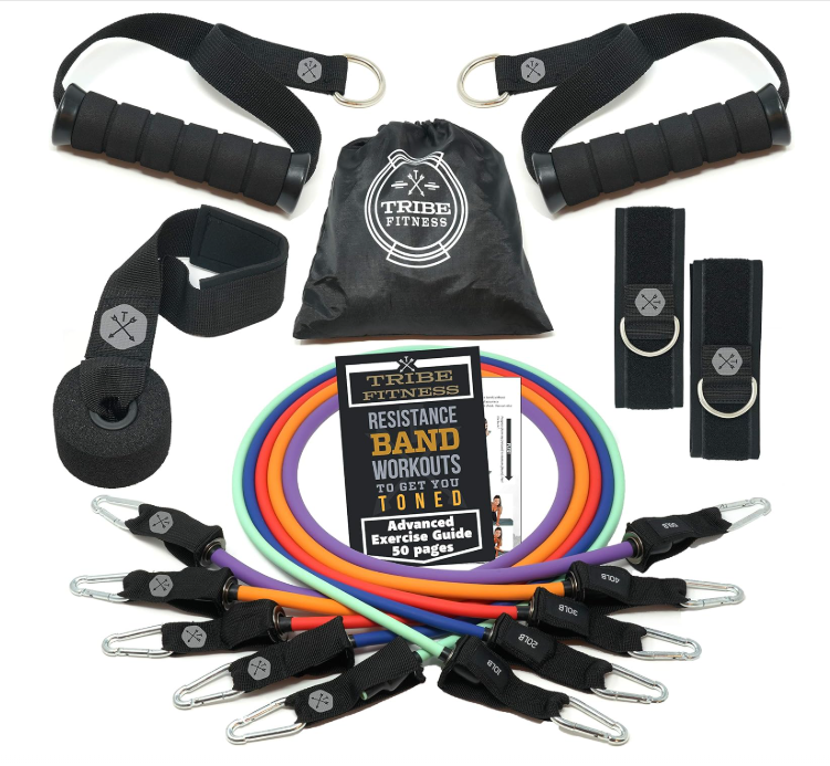 Tribe Fitness resistance bands set with handles, door anchor, ankle straps, and carry bag.